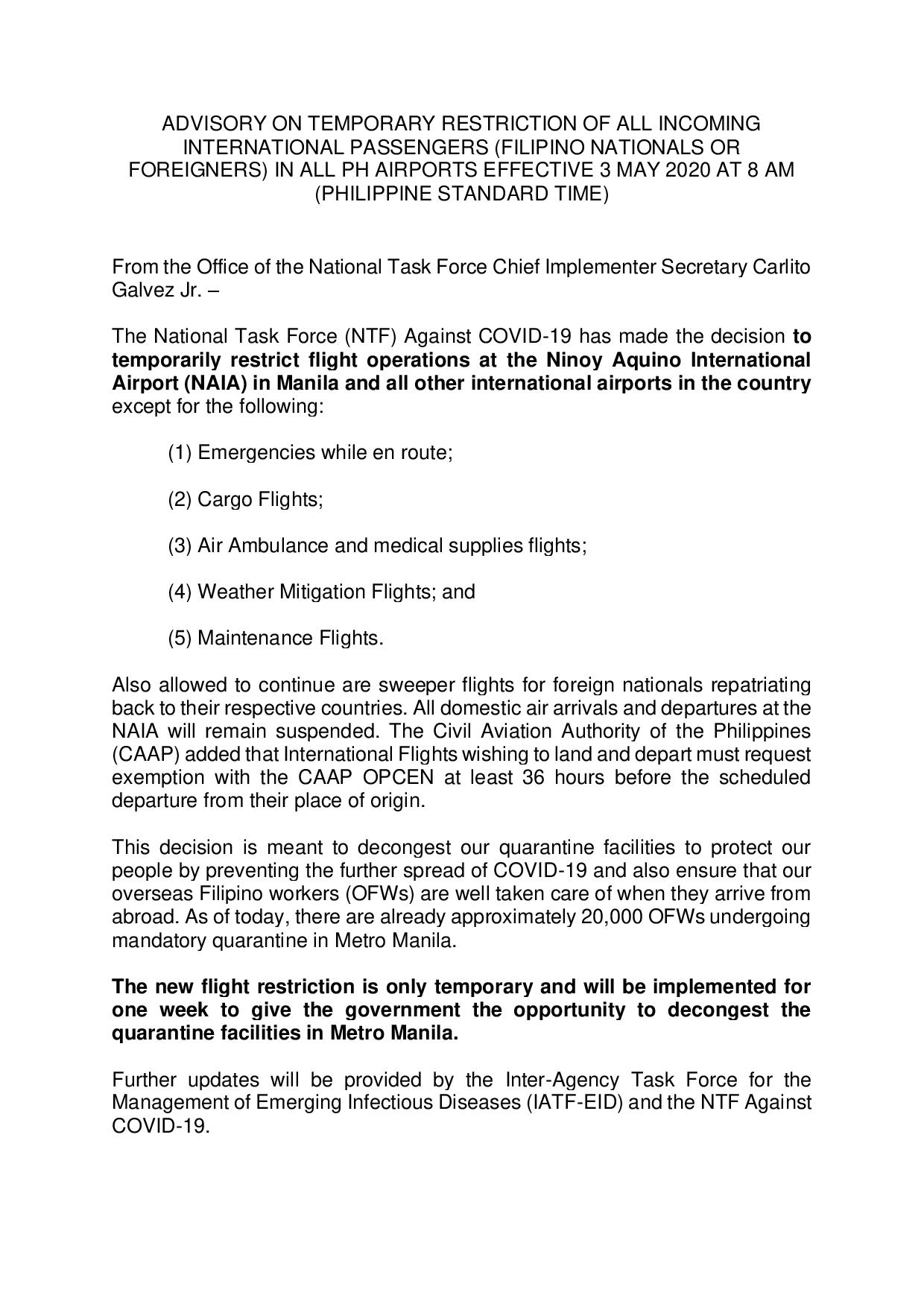 ADVISORY ON TEMP FLIGHT RESTRICTION TO PH page 001